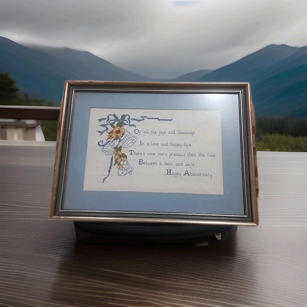 Happy Anniversary Completed Cross Stitch Handmade Date 1979 Framed Matted 29X14